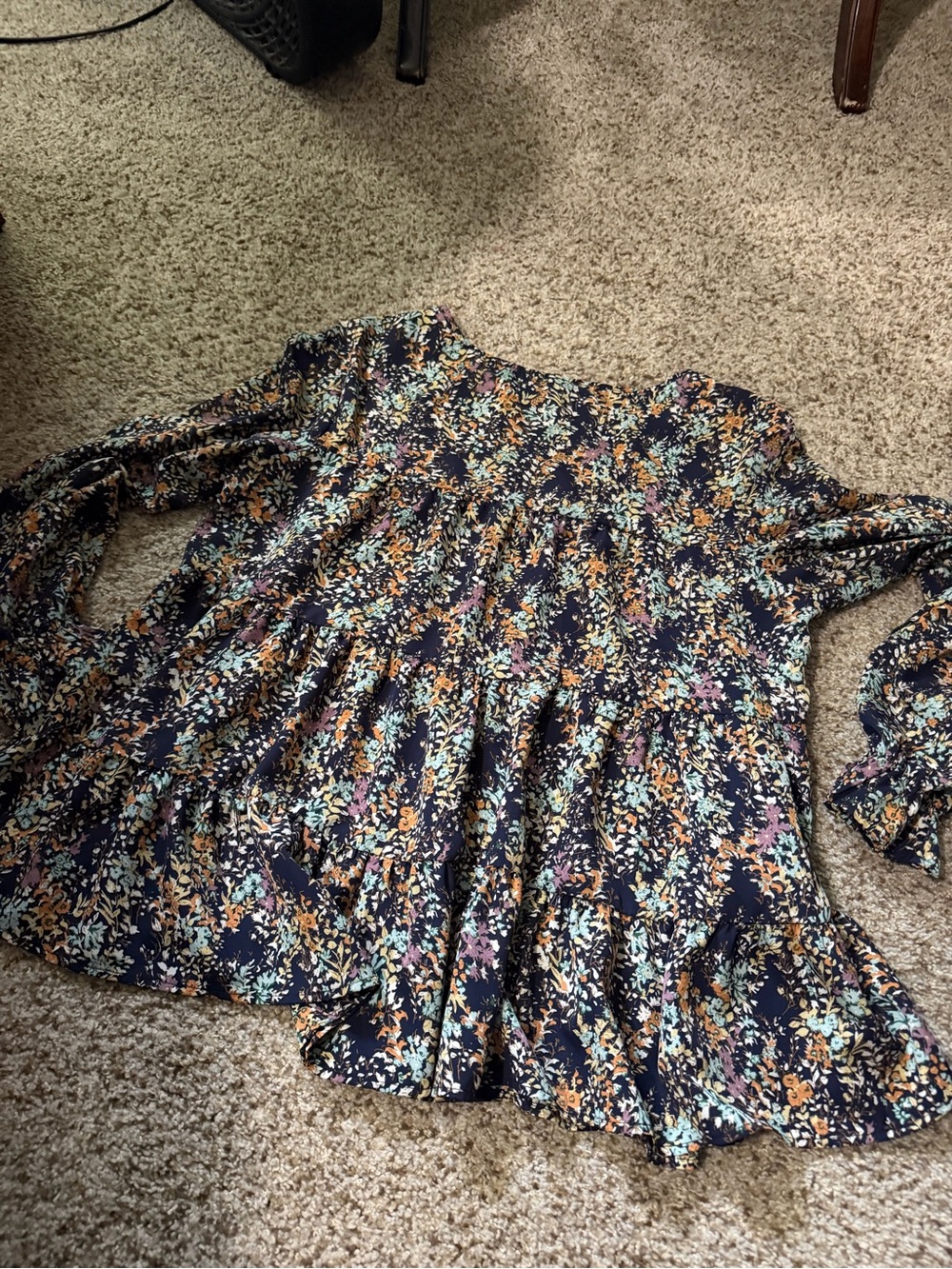 SHEIN Navy Floral Long-Sleeve Peplum Blouse